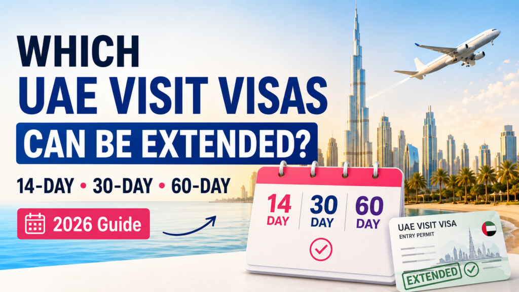 Comparison of 14-day, 30-day and 60-day UAE visit visas showing which ones can be extended in 2026