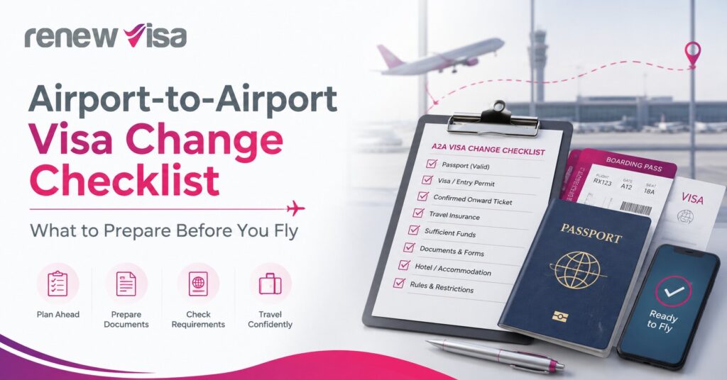 Airport-to-airport visa change checklist with passport, boarding pass and travel documents