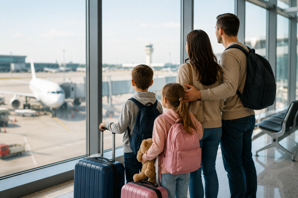Family travelling with children for an airport-to-airport visa change in the UAE