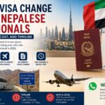 UAE visa change for Nepalese nationals showing a Nepal passport, UAE visa, Dubai skyline, Oman border bus, and airport visa change options