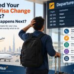 Traveler at a UAE airport after missing an A2A visa change flight, with rebooking and visa status guidance