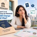 Alt Text: Passport at embassy for renewal while considering UAE visa change options