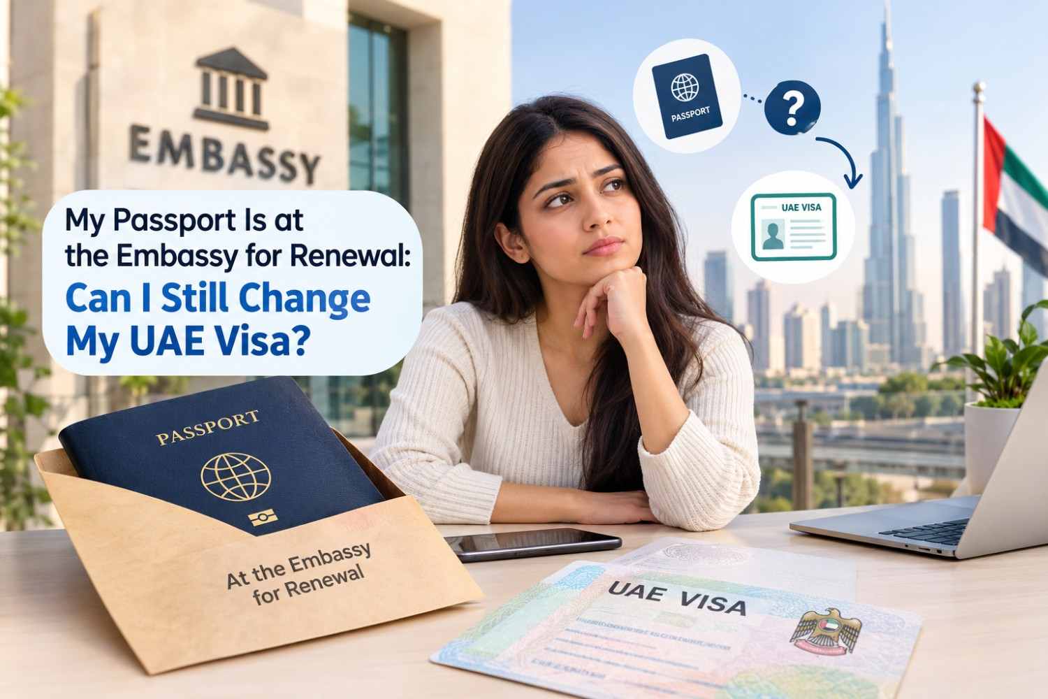 Alt Text: Passport at embassy for renewal while considering UAE visa change options