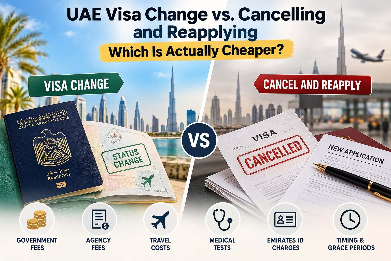 UAE visa change vs cancellation and reapplication cost comparison with fees, travel, medical tests, and Emirates ID charges