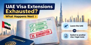 UAE visa extensions exhausted with passport, visa stamp and Dubai skyline