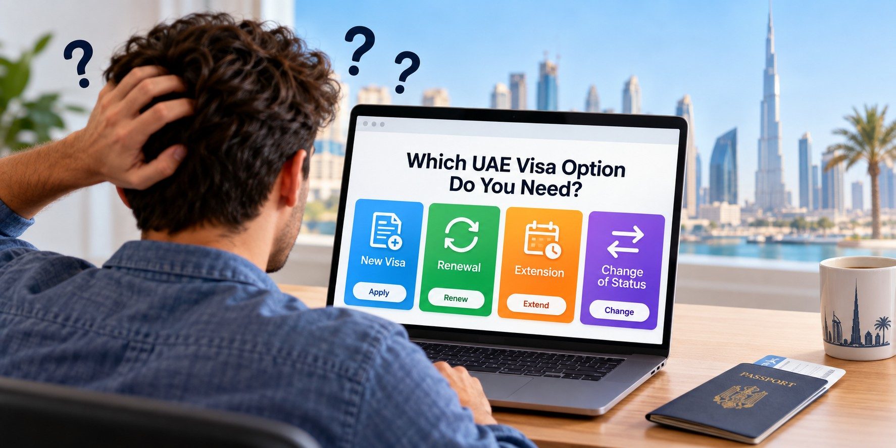 Alt Text: UAE visa options showing new visa, renewal, extension, and change of status on a laptop with Dubai skyline background