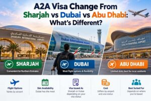 A2A visa change comparison from Sharjah, Dubai, and Abu Dhabi airports, highlighting flight options, slot availability, and costs.