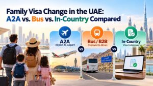 UAE family visa change comparison featuring A2A airport travel, bus travel to Oman, and in-country visa extension.