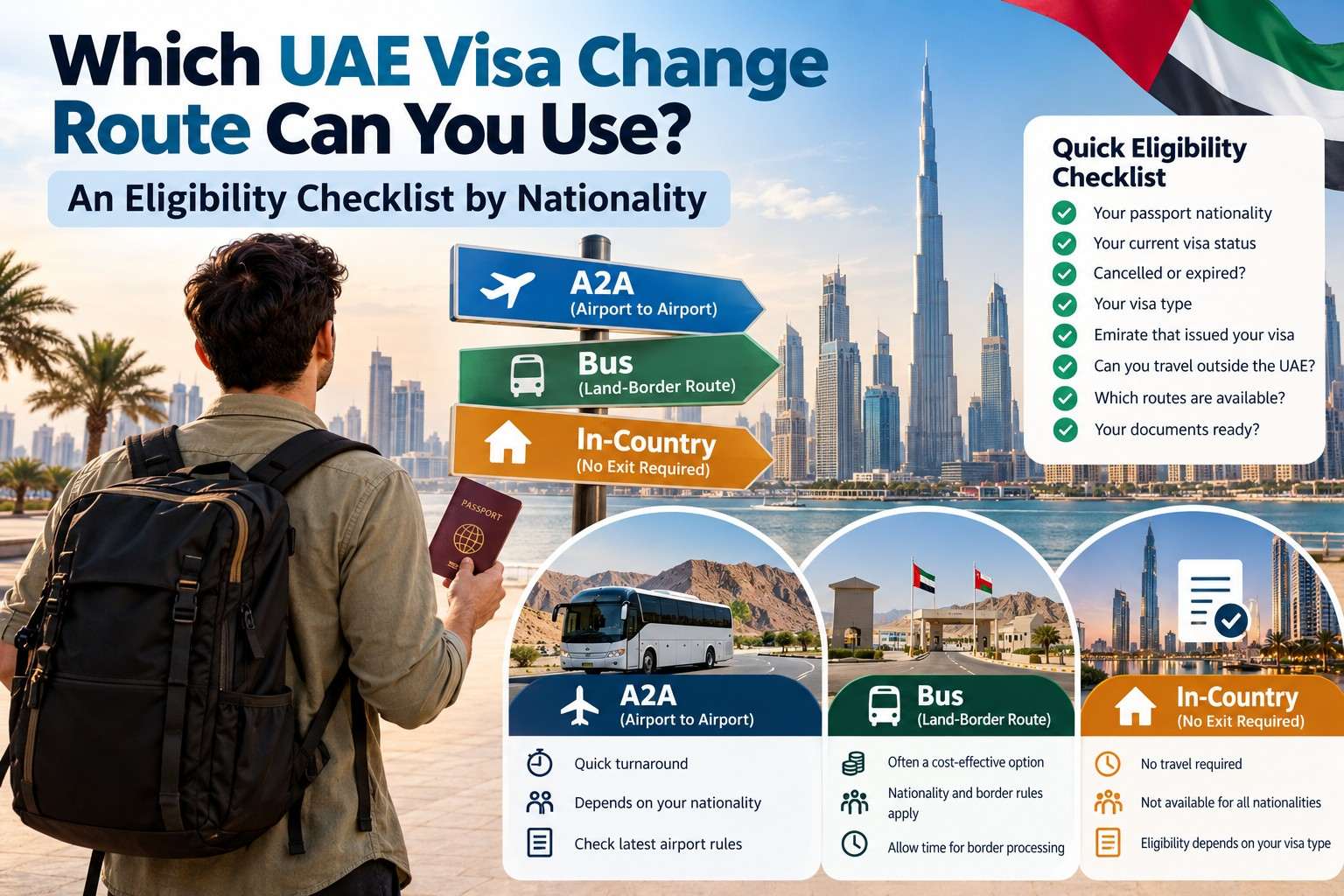 UAE visa change eligibility checklist comparing A2A, bus, and in-country routes by passport nationality and visa status.