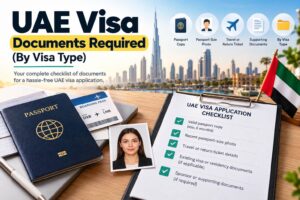 UAE visa documents checklist with passport, passport-size photo, travel ticket, and supporting documents