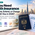 UAE visa health insurance requirements for renewing, extending, or changing a visa in 2026, featuring a passport and insurance checklist
