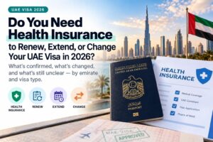 UAE visa health insurance requirements for renewing, extending, or changing a visa in 2026, featuring a passport and insurance checklist