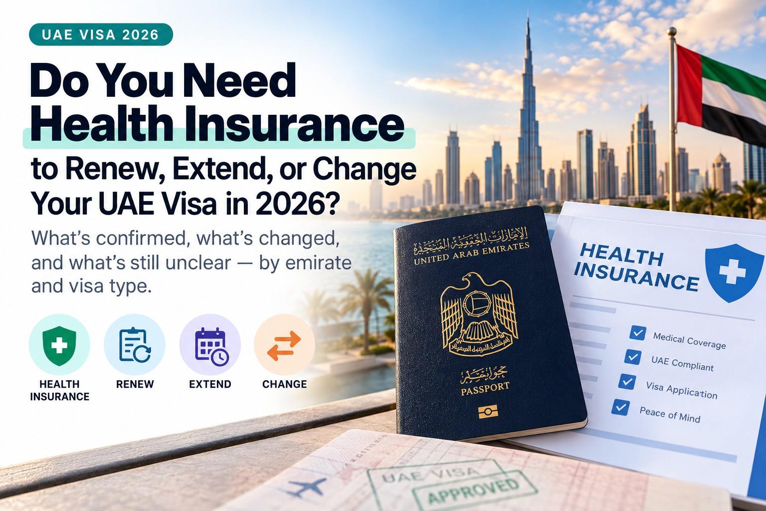 UAE visa health insurance requirements for renewing, extending, or changing a visa in 2026, featuring a passport and insurance checklist