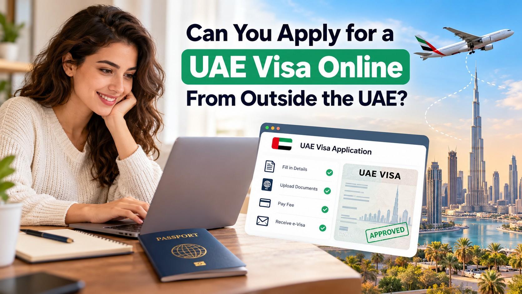 Woman applying for a UAE visa online from abroad with a passport, laptop, e-visa checklist, and Dubai skyline