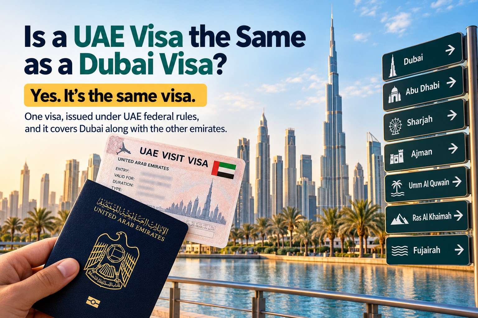 UAE visa vs Dubai visa with Burj Khalifa skyline and UAE travel documents.